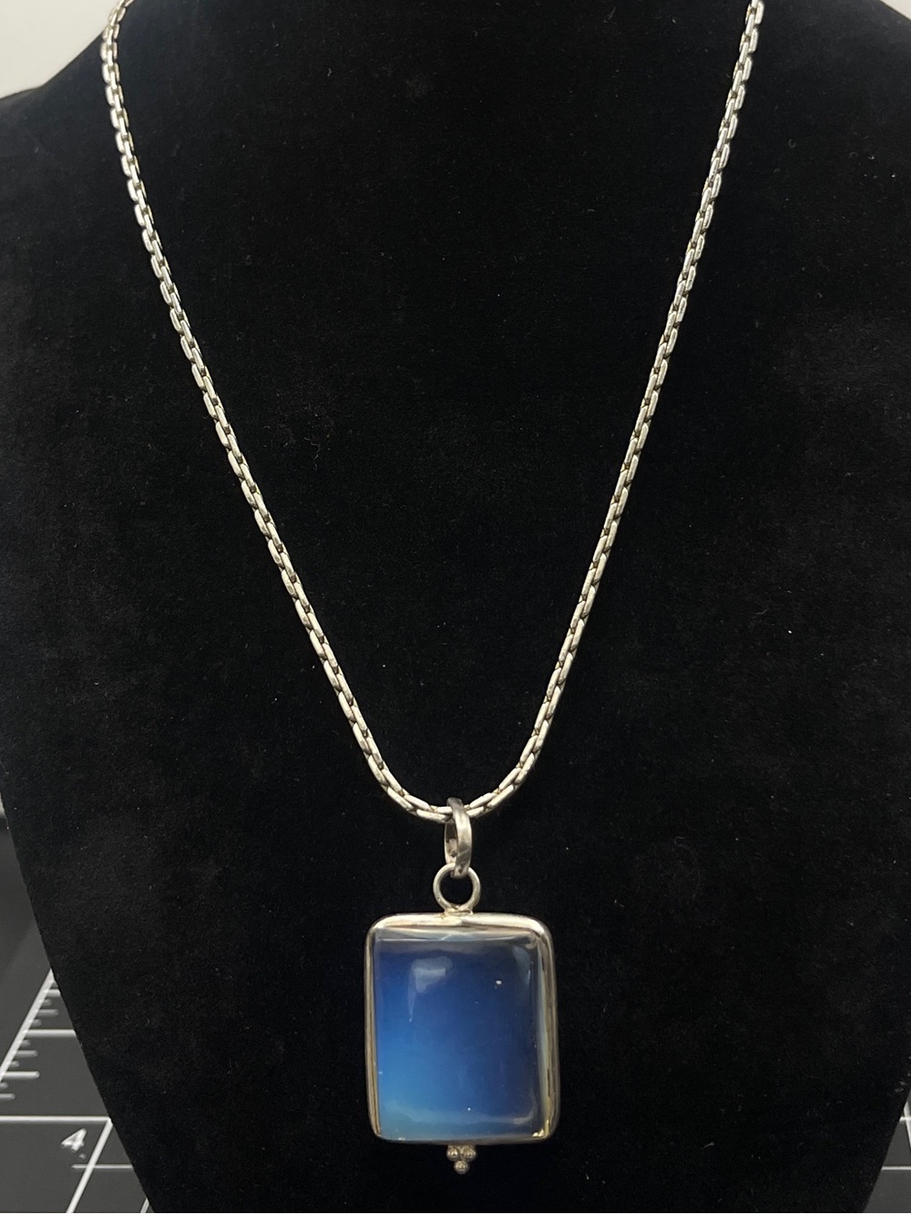Sterling Silver Opalite Pendant Necklace Rectangular Cabochon Silver Tone Chain